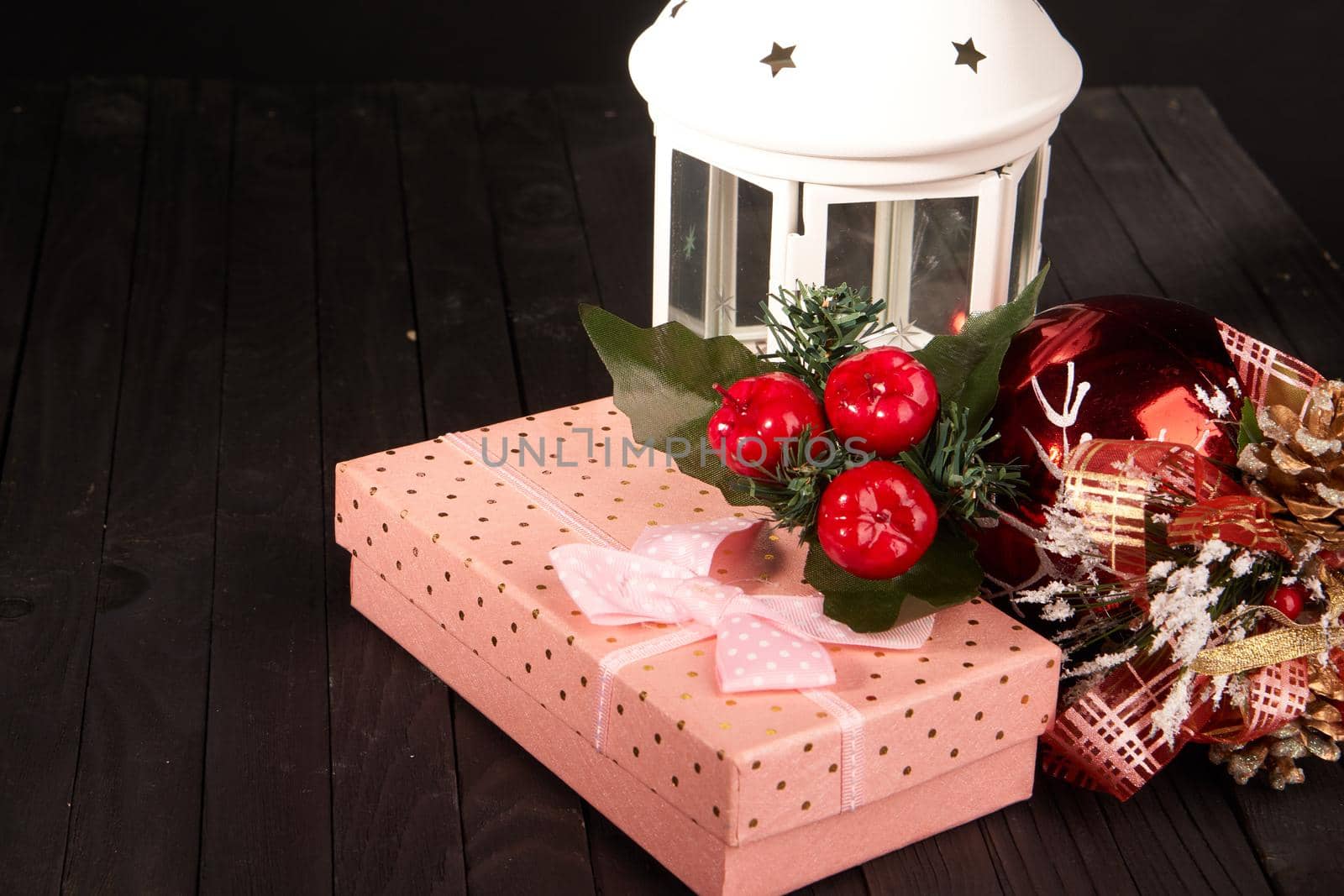 christmas toys holiday decoration gifts garland wooden background. High quality photo