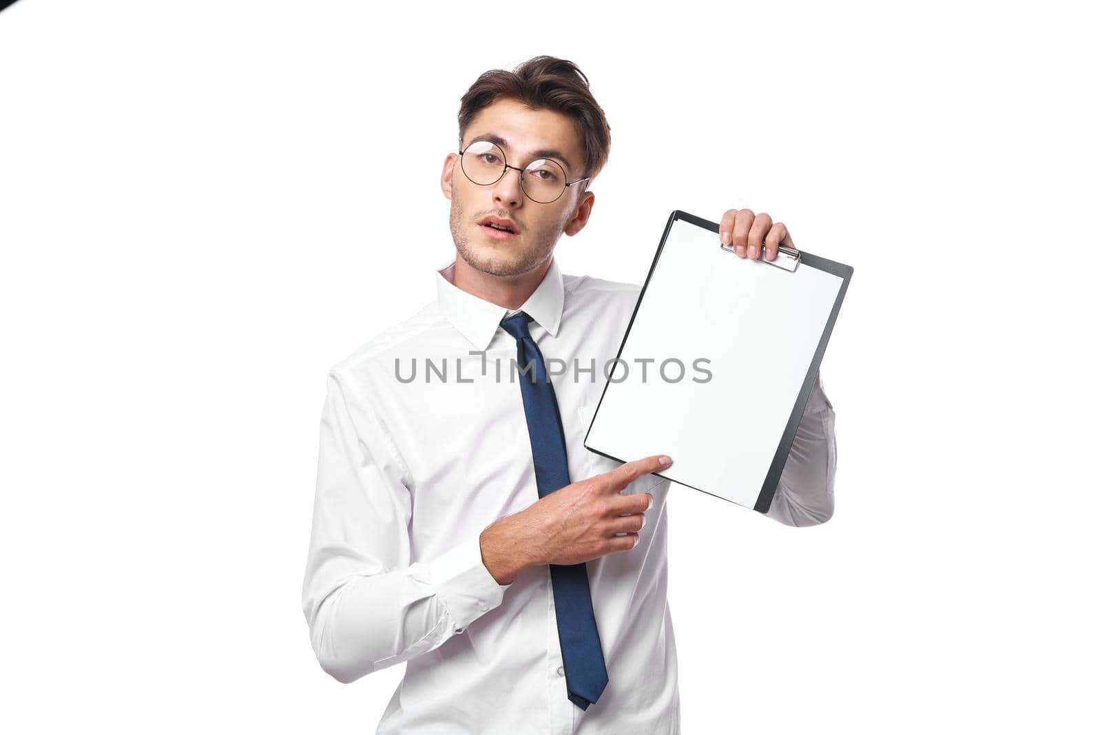 businessmen in white shirt with tie office emotions isolated background. High quality photo