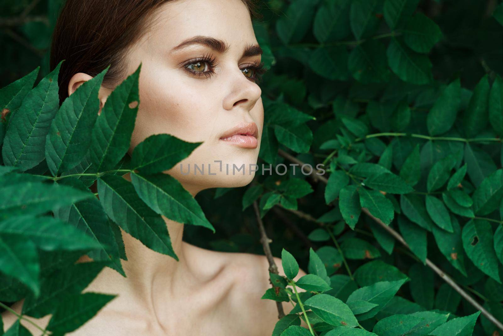 smiling woman makeup spa nature fresh air close-up. High quality photo