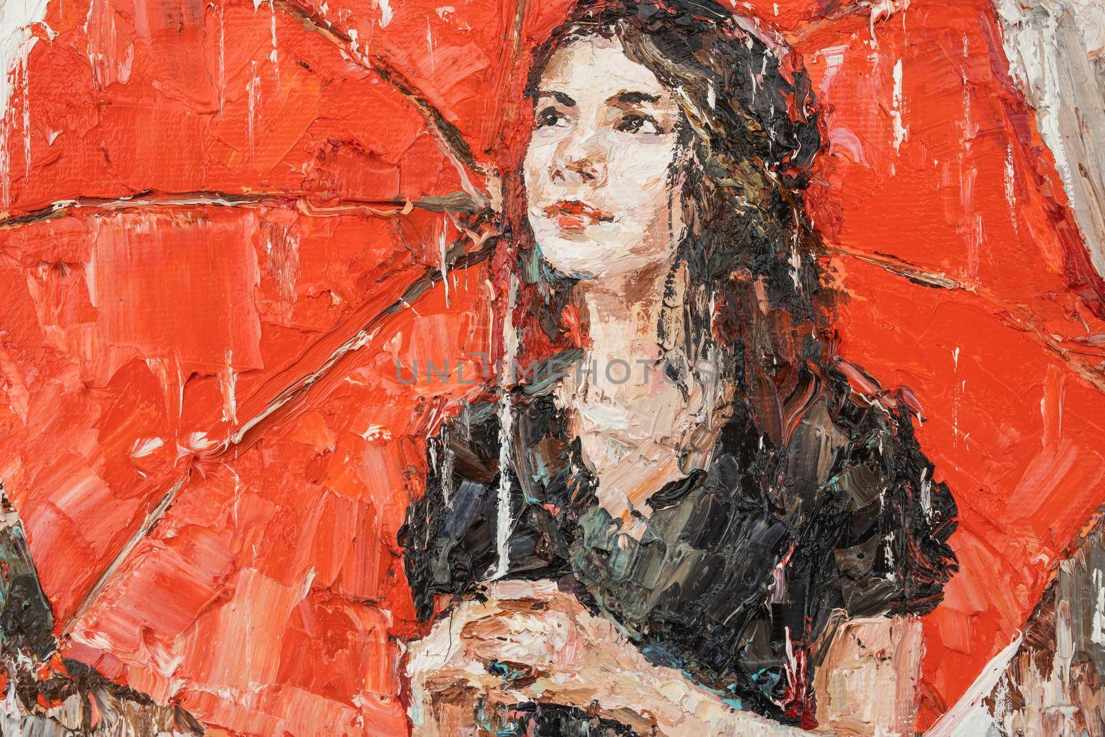 Girl with a red umbrella. Oil painting on canvas.