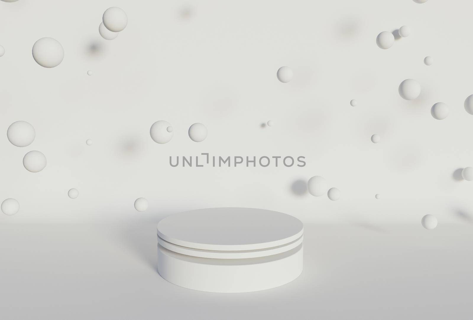 cylindrical product stand with spheres floating by asolano