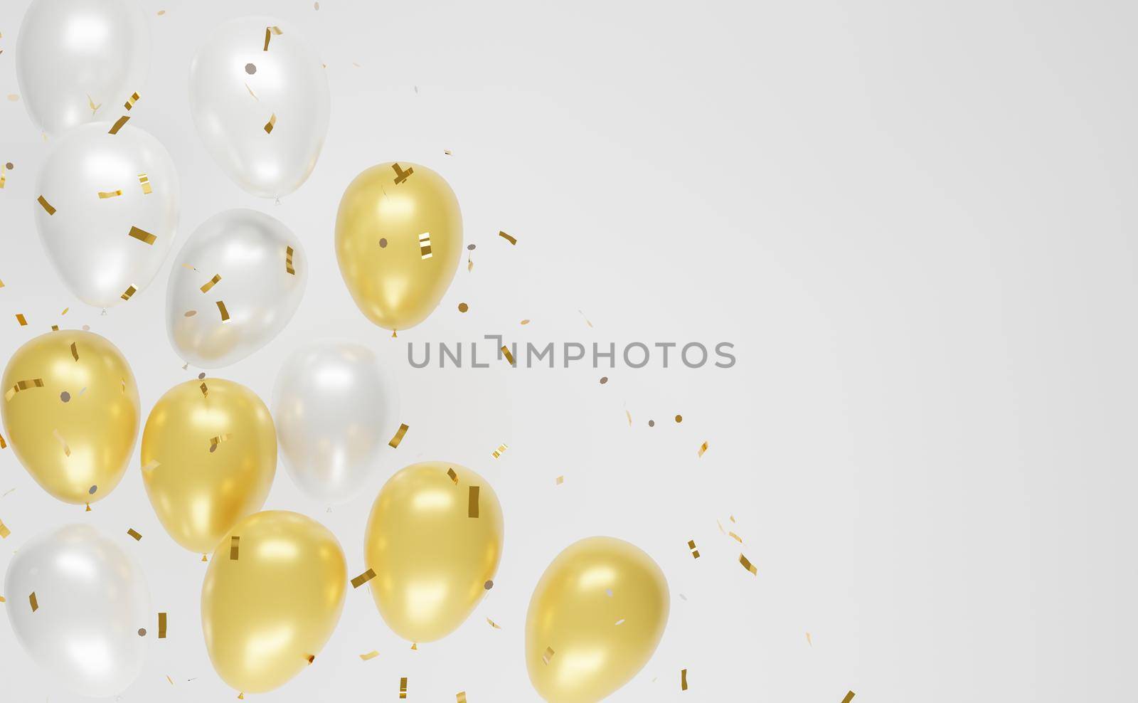 background with gold and silver balloons and confetti falling with copyspace. 3d rendering