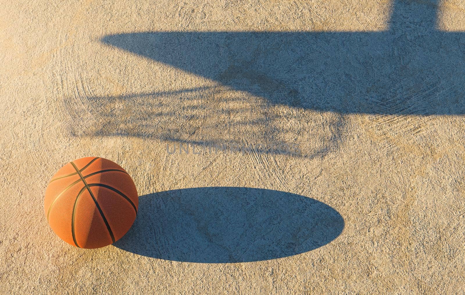 basketball ball on concrete floor with the shadow of the goal next to it. 3d rendering