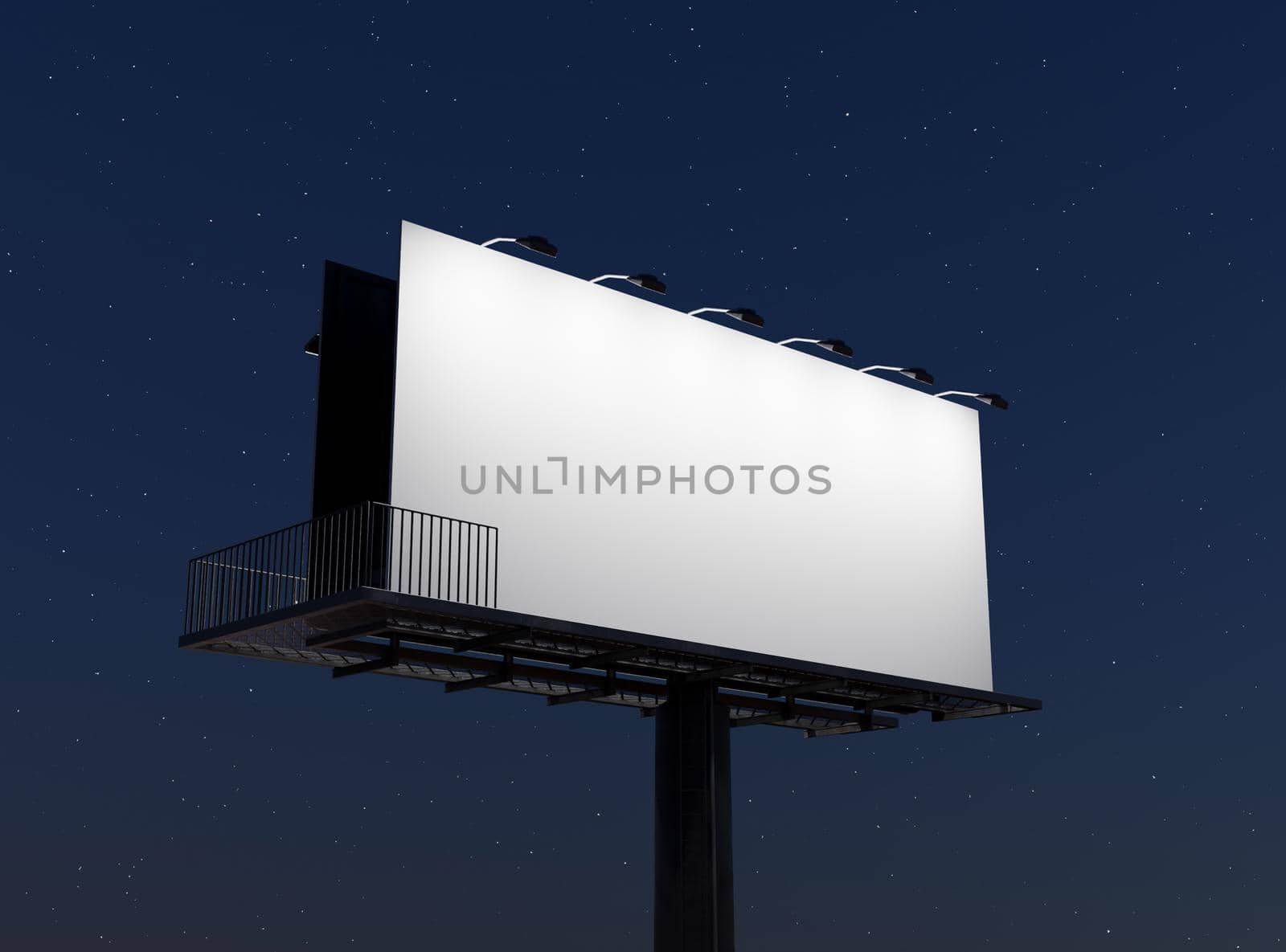 mockup of a street billboard illuminated with spotlights at night with starry sky. 3d render