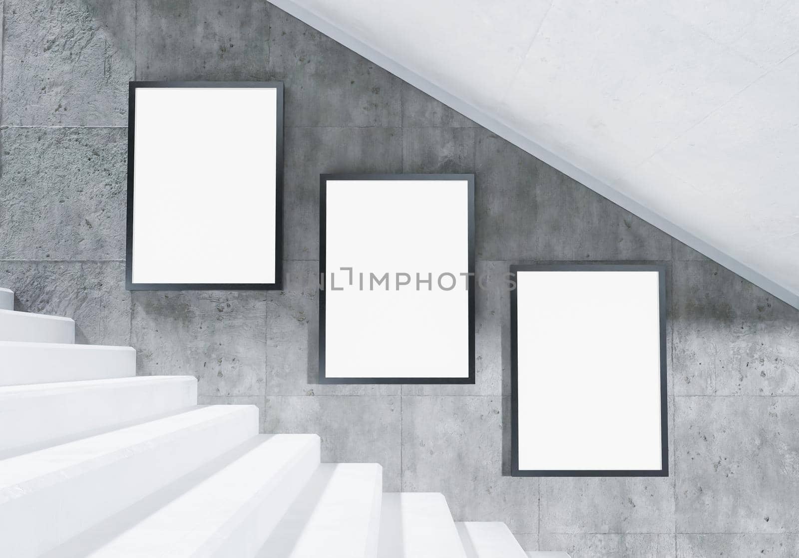 billboards mock-up on stairs in subway station with concrete wall. 3d render