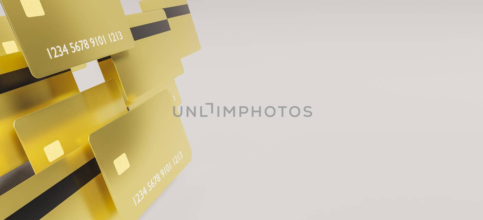 gold credit cards advancing on one side on white background with space for text. 3d rendering