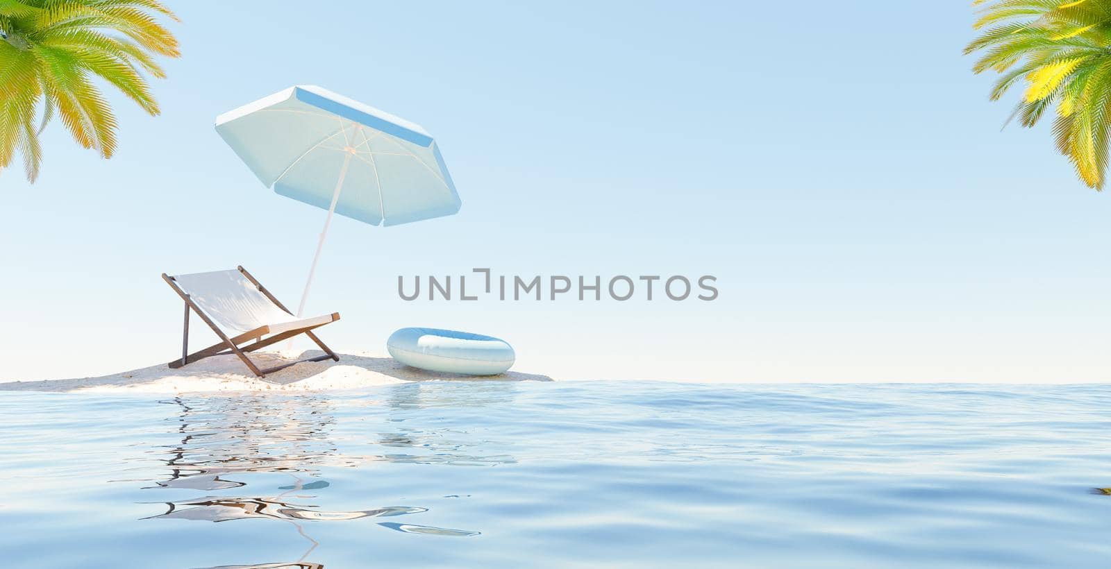 small island with hammock, umbrella and float. palm trees in the corners. vacation concept. 3d rendering