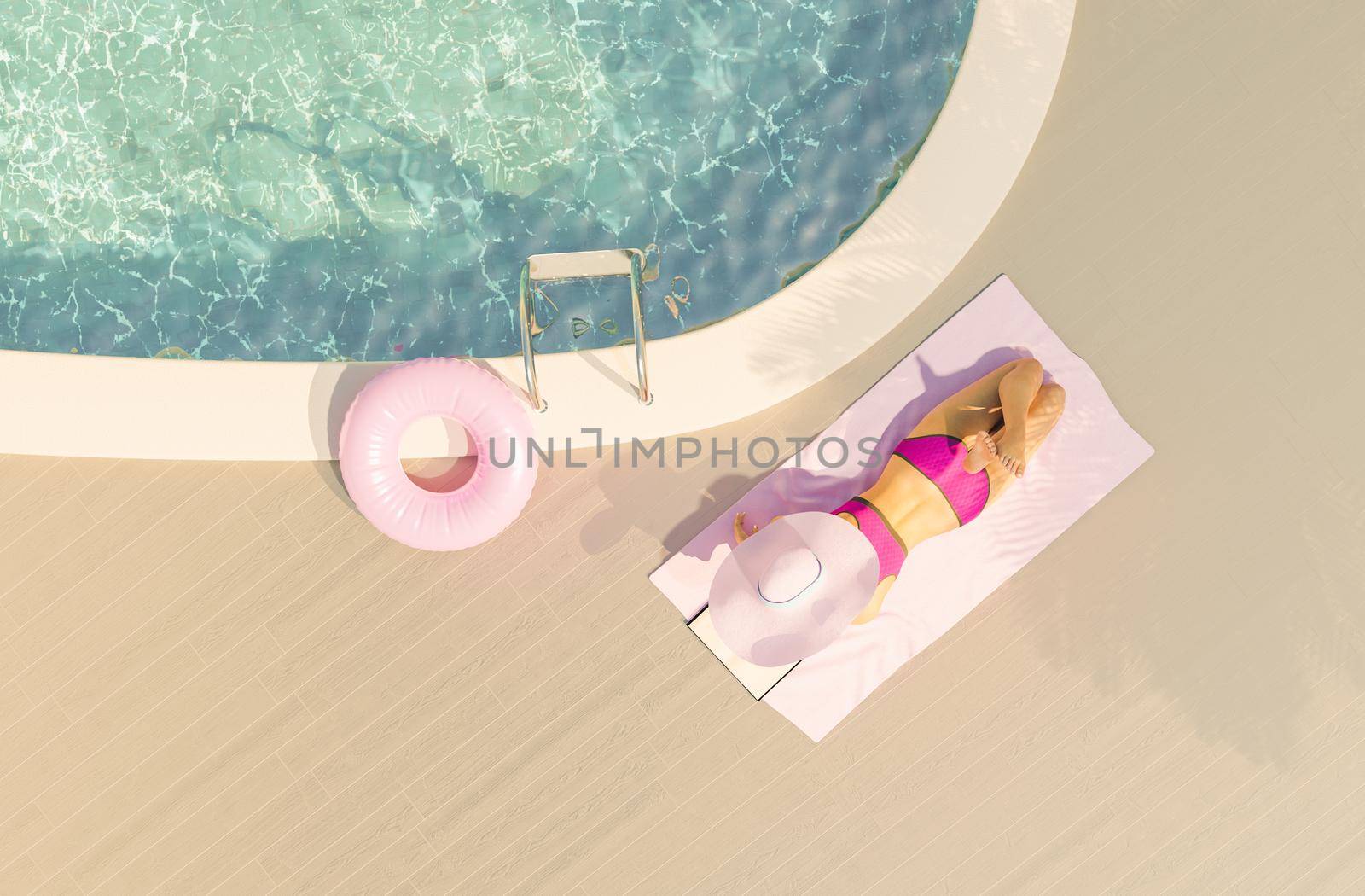 top view of a caucasian girl in a pink bikini reading a book by asolano