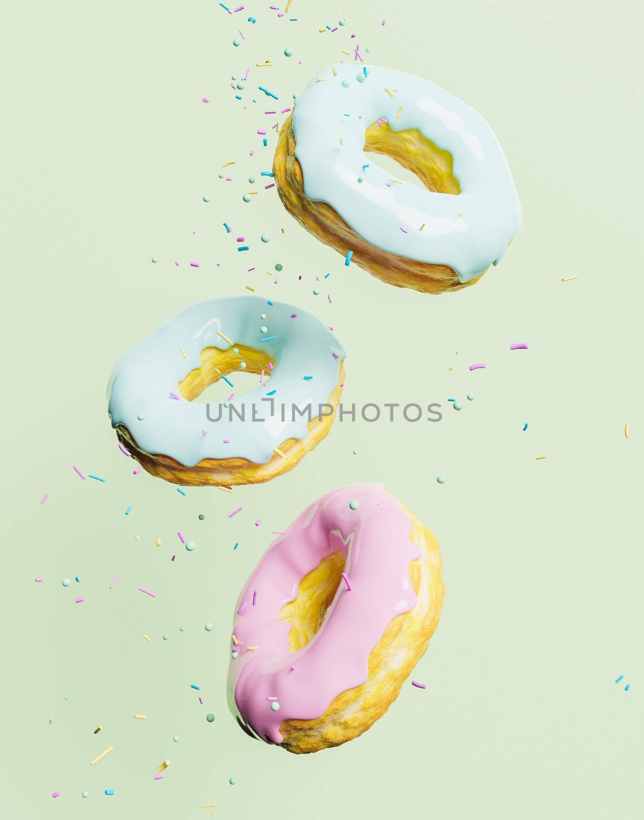 pastel colored chocolate donuts with confetti falling on them and a green background. 3d illustration