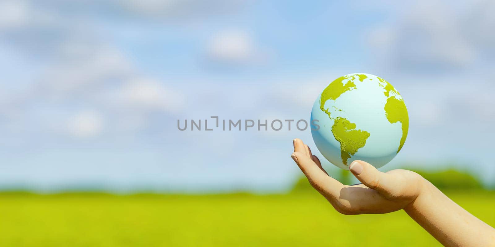 banner of hand holding planet earth with blurred field in background. climate change concept. 3d rendering