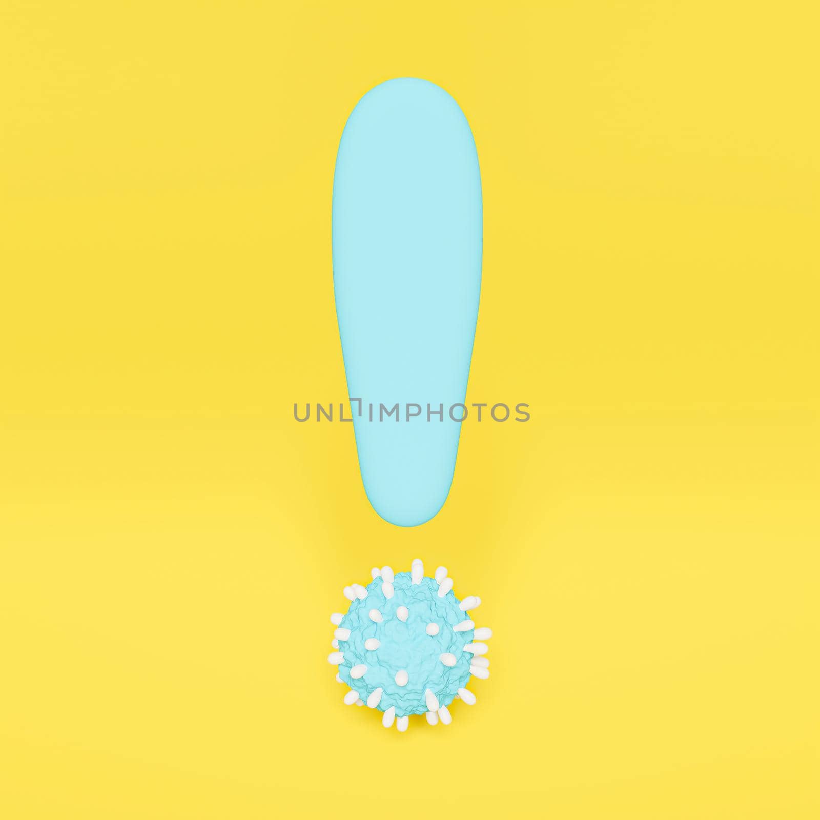 blue exclamation mark with virus-shaped dot on yellow background. 3d rendering
