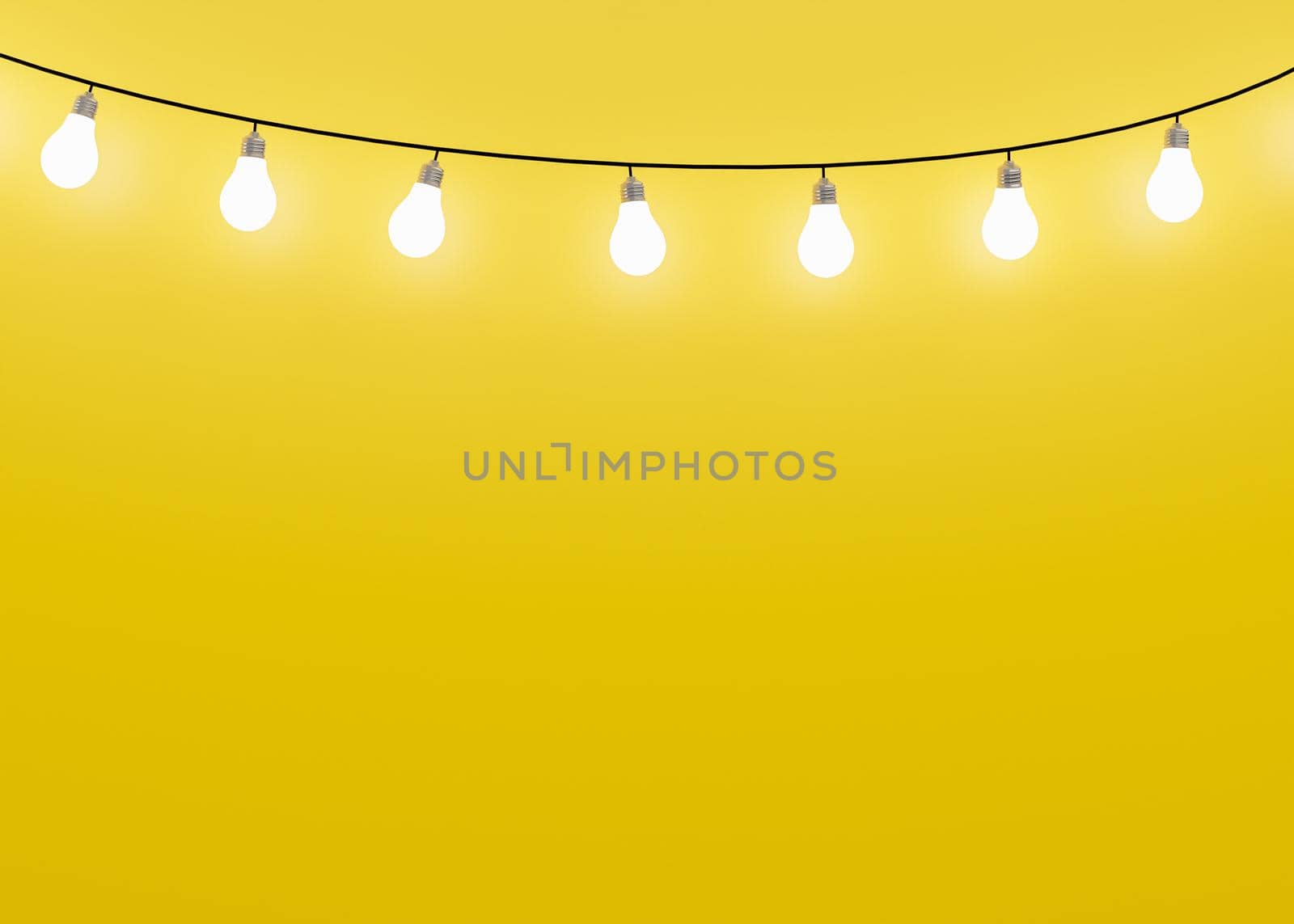 yellow background with many light bulbs hanging on top. copyspace. 3d rendering