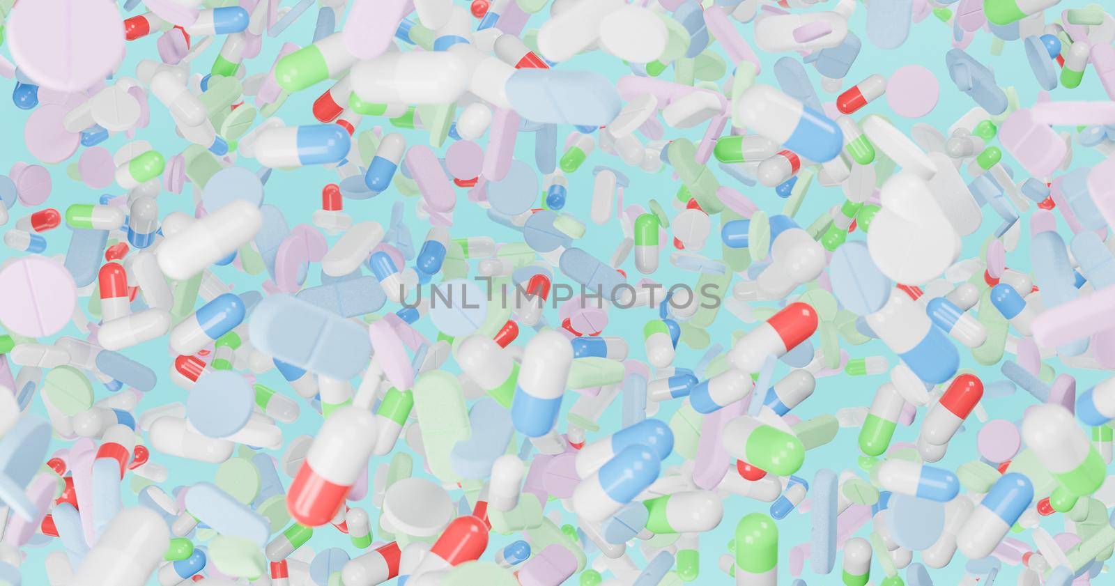 many pills with pastel colors falling on blue background. 3d rendering