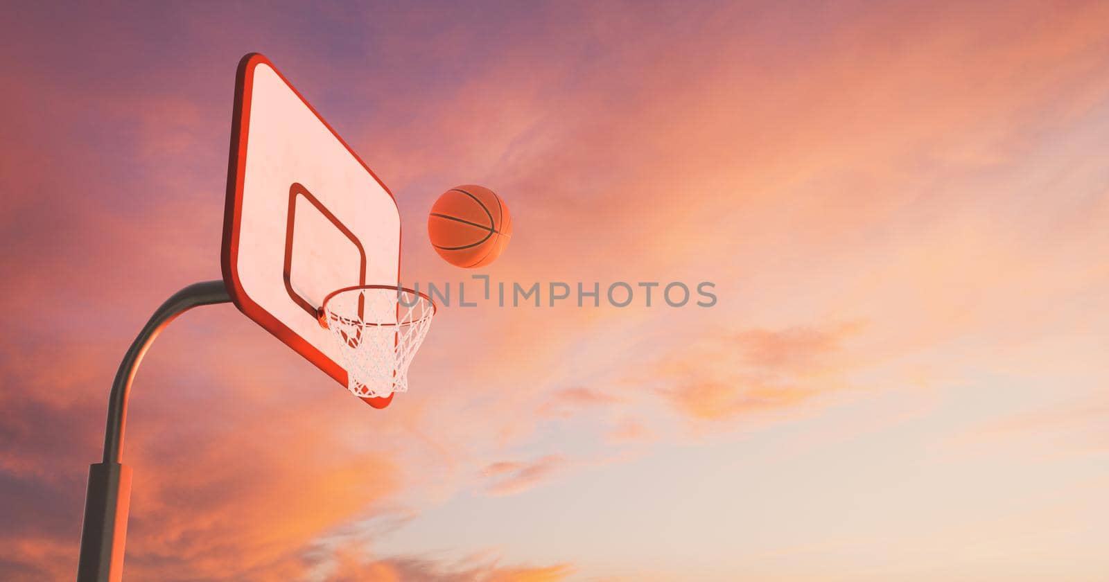 basketball basket over a warm sunset with clouds and the ball falling into the hoop. 3d rendering