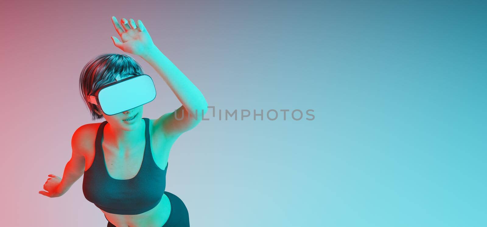 caucasian girl dancing and enjoying herself with a virtual reality goggles by asolano