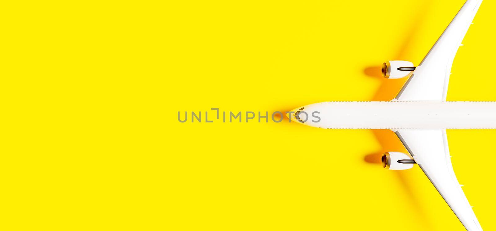 passenger plane banner seen from above with yellow background. 3d render