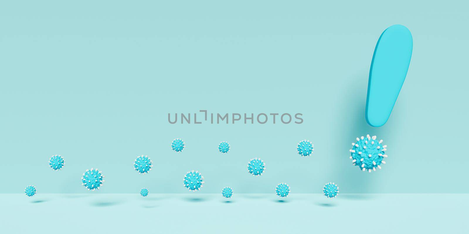 banner with exclamation mark with virus-shaped dot and many small viruses. 3d rendering