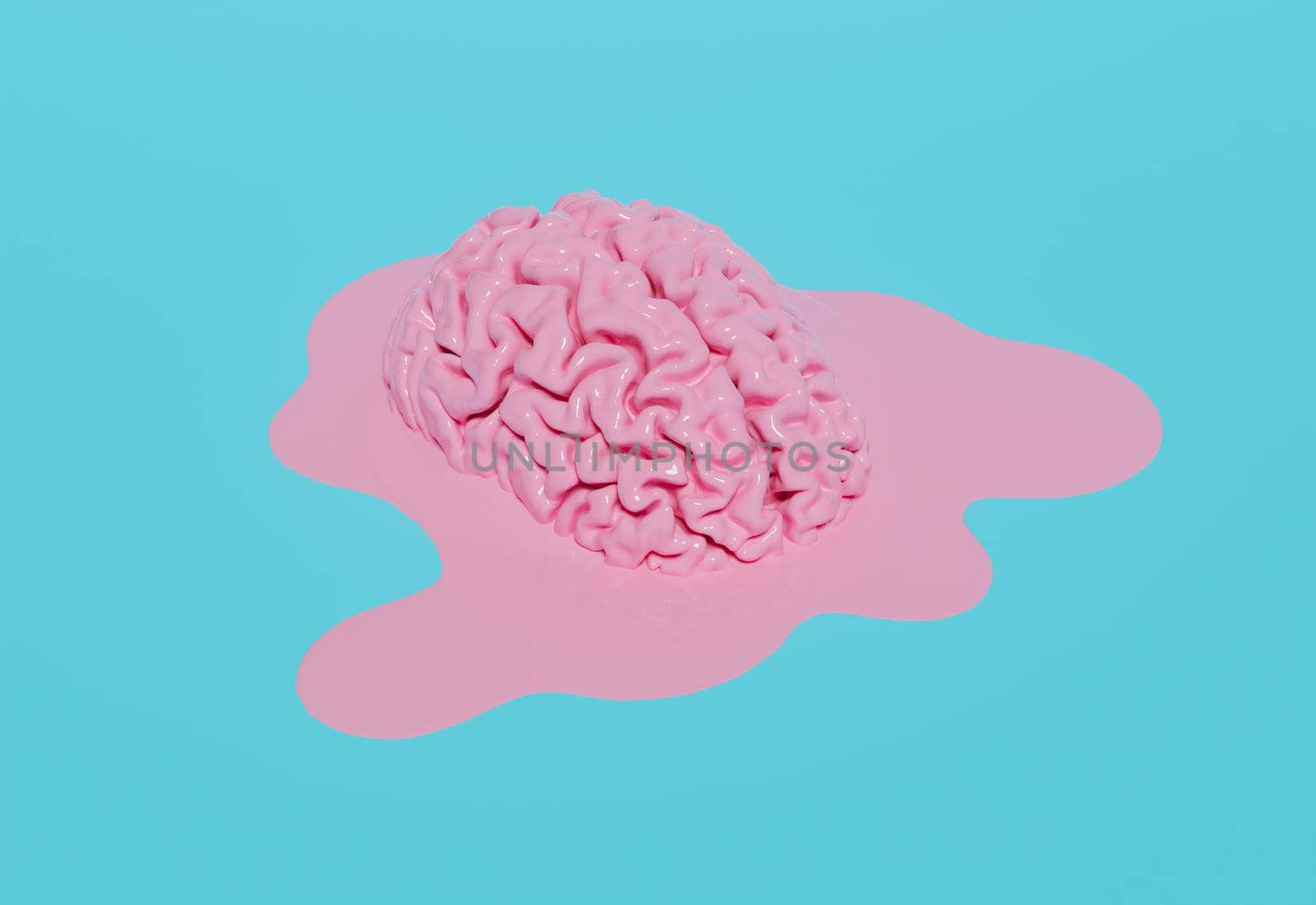 melted pink brain on pastel blue background. 3d rendering