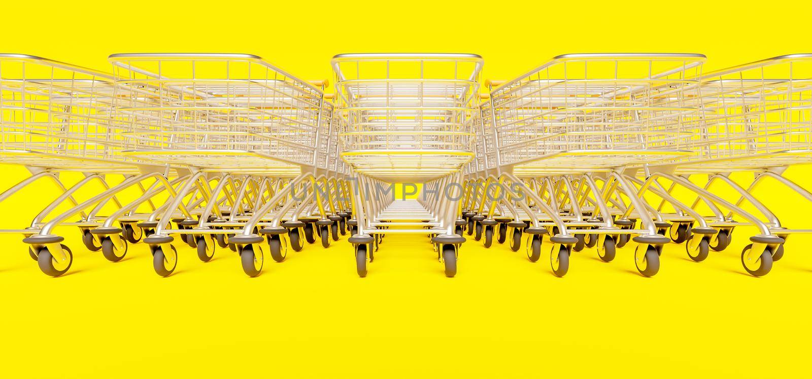 closeup of row of stacked shopping carts on yellow background. 3d render