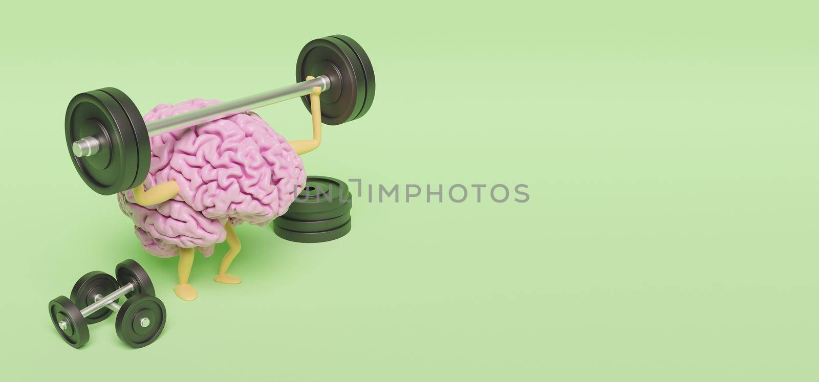 3d illustration of pink brain with legs and arms exercising with dumbbells on green background