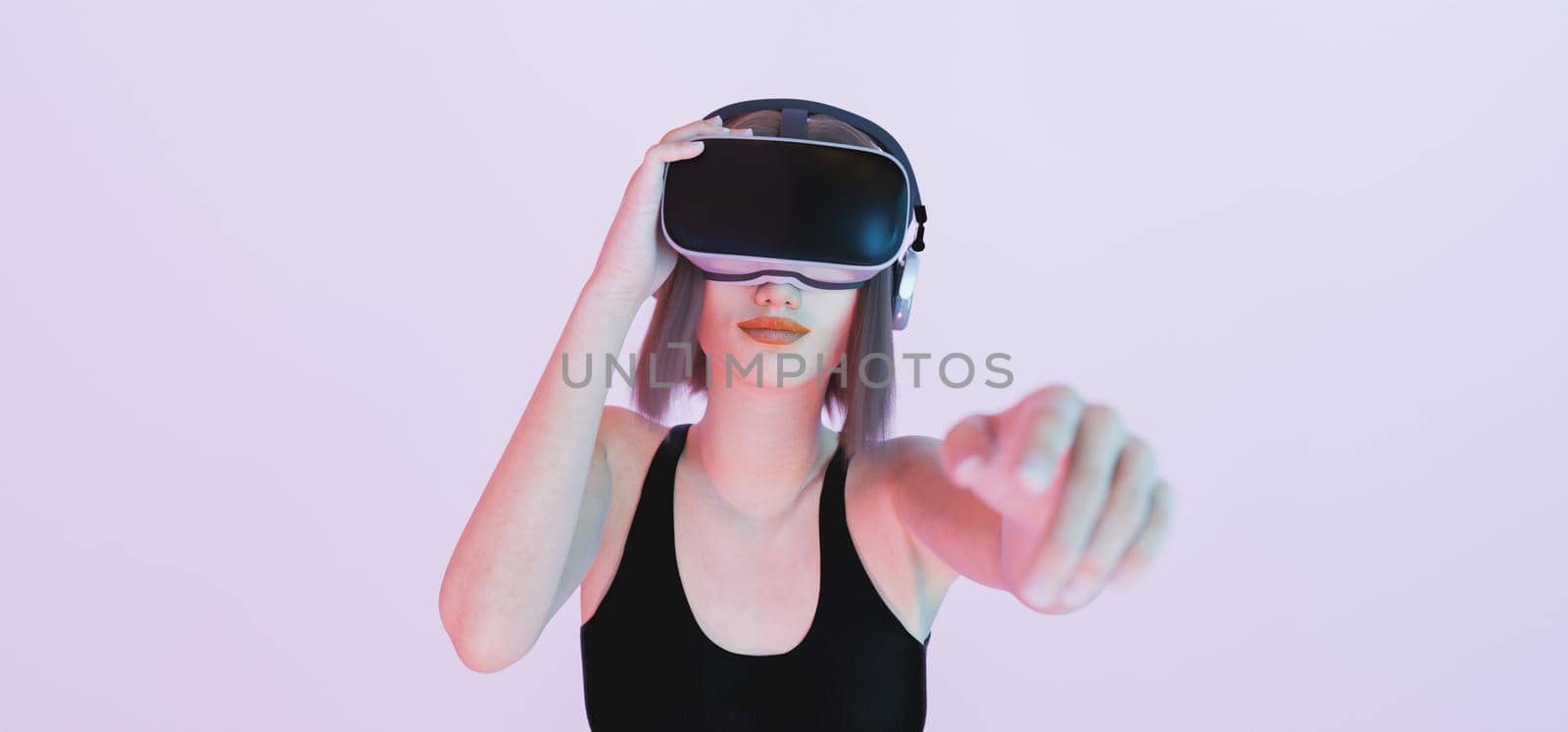 caucasian girl playing with virtual reality goggles pointing with her hand out of focus to the camera with blue and pink lights. 3d rendering