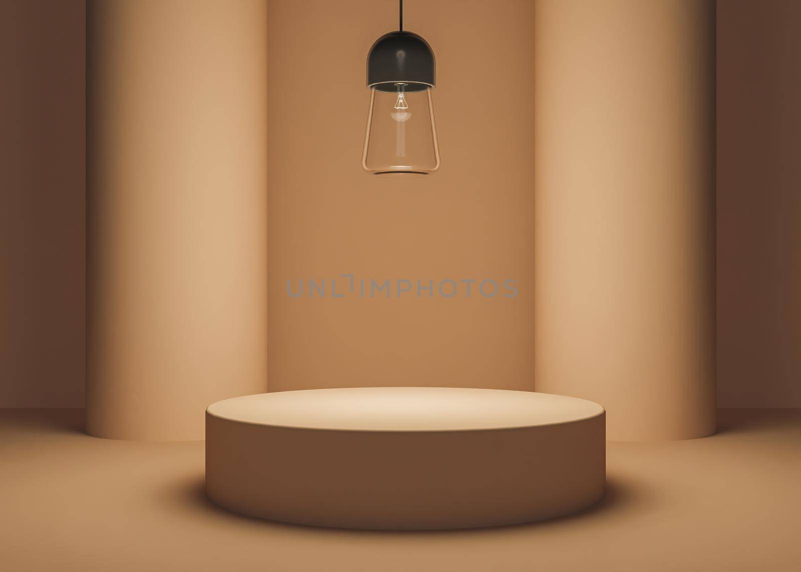 warm colored product stand with two cylindrical columns and glass lamp illuminating the scene. 3d rendering
