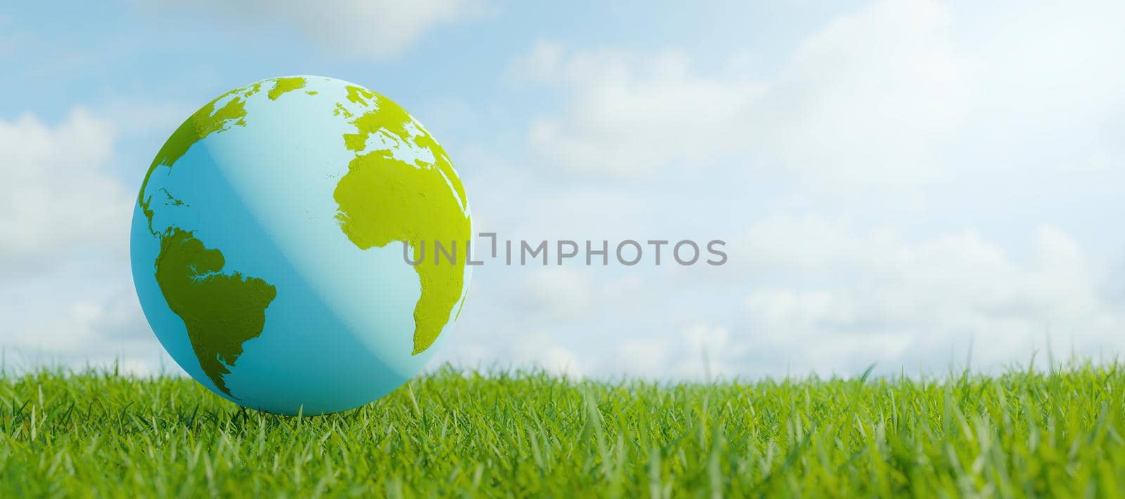 planet earth on grass with blurred cloudy sky. environment concept. 3d rendering