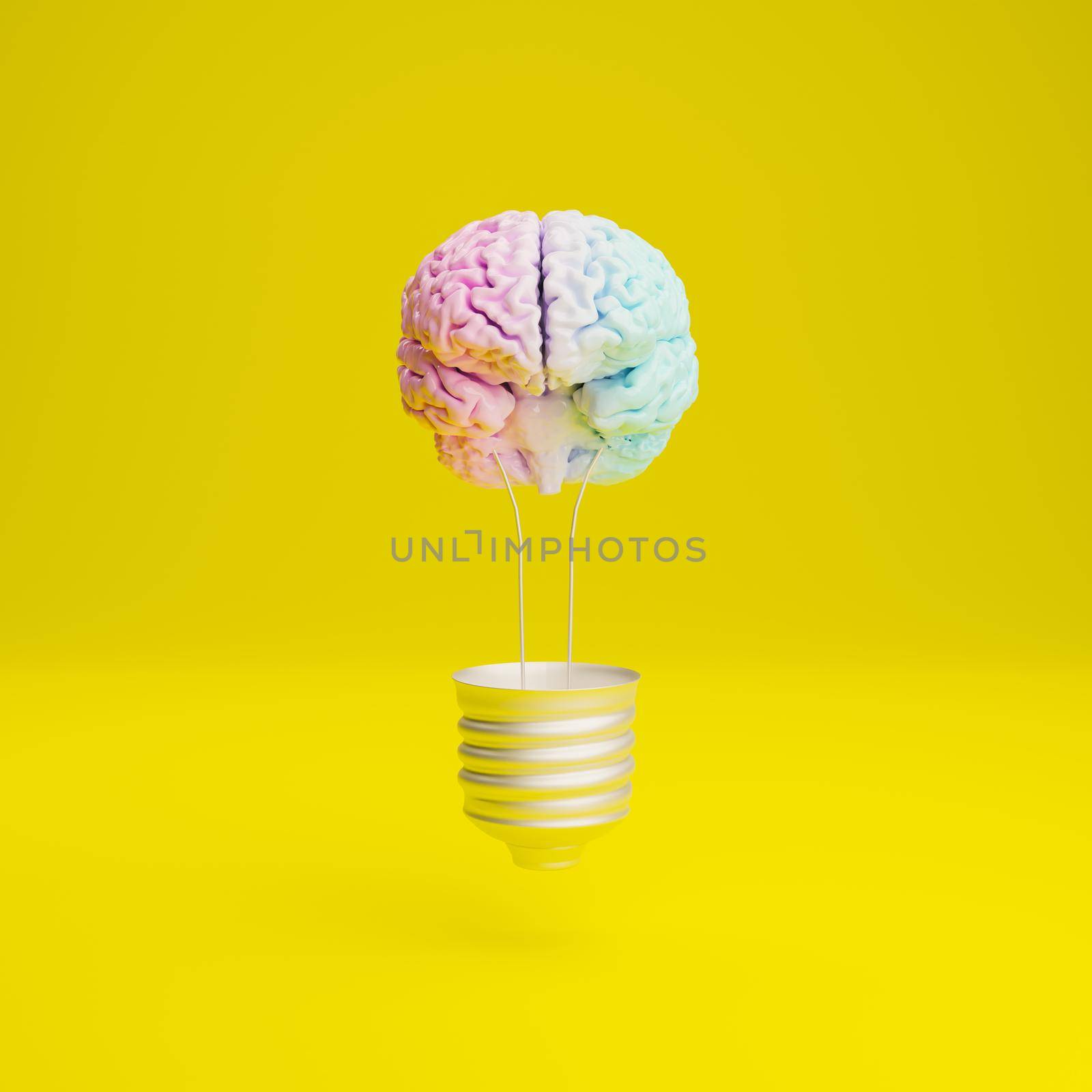 light bulb with brain inside without glass on yellow background. 3d render
