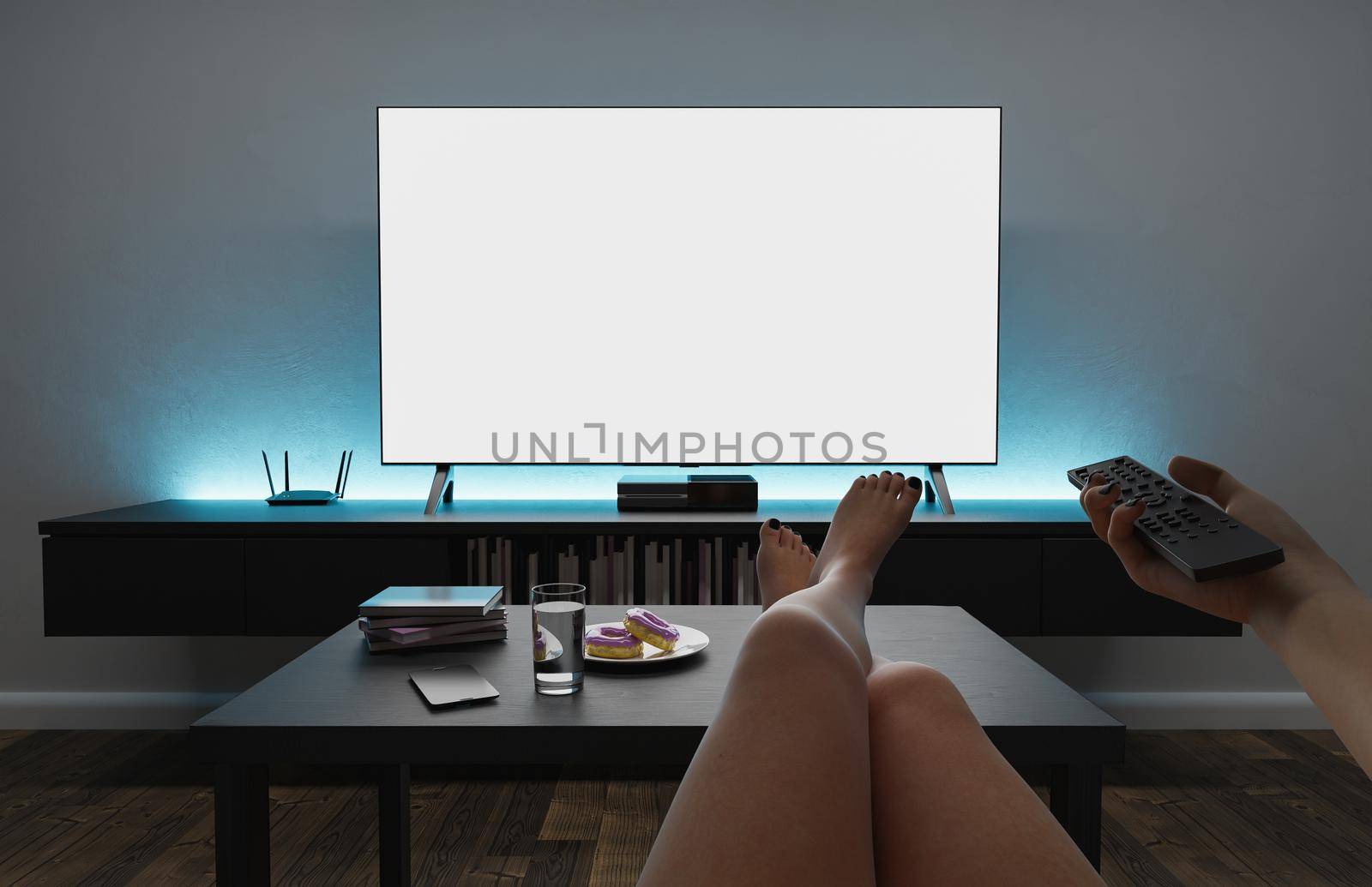 girl watching TV mockup in living room with modern lighting by asolano