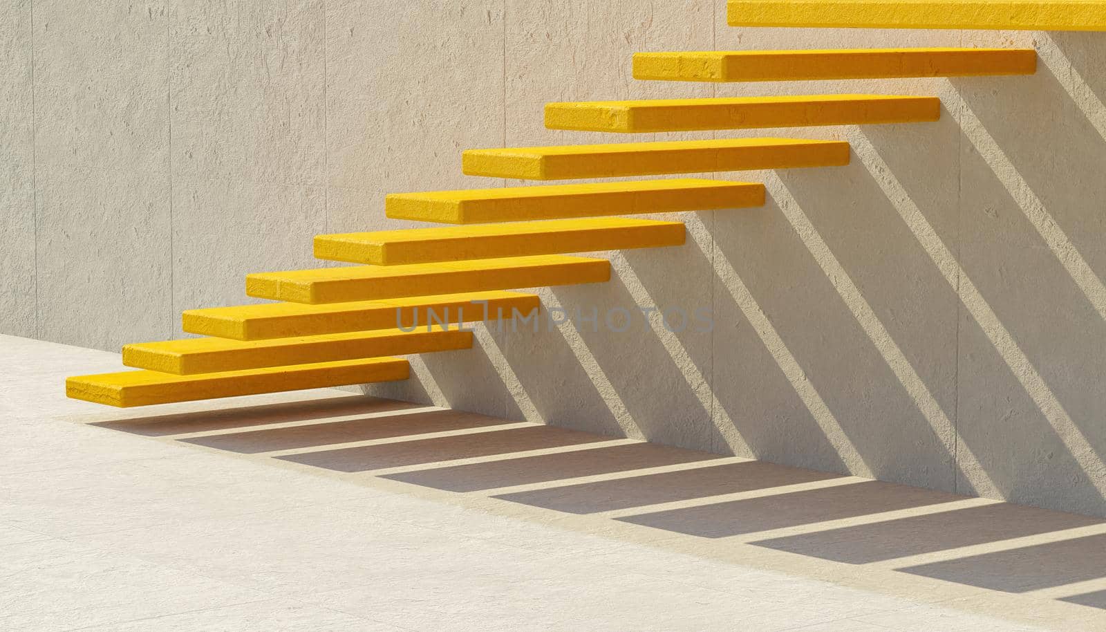 abstract yellow cement stairs on gray wall with aligned shadow. 3d rendering