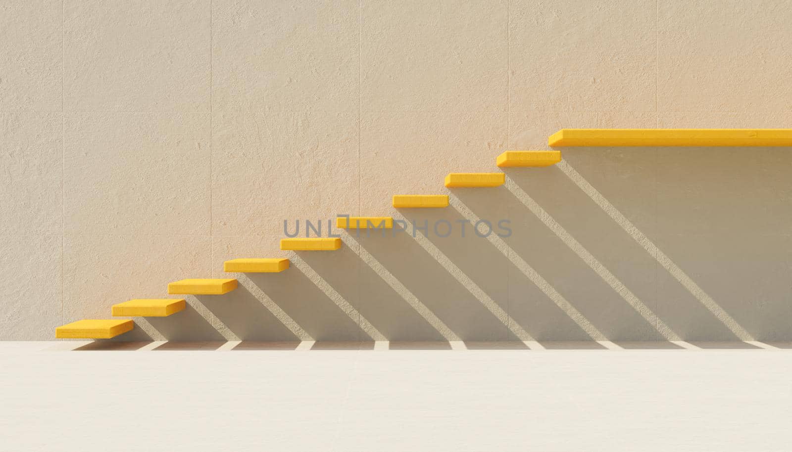 yellow minimalist stairs on gray cement wall. 3d render