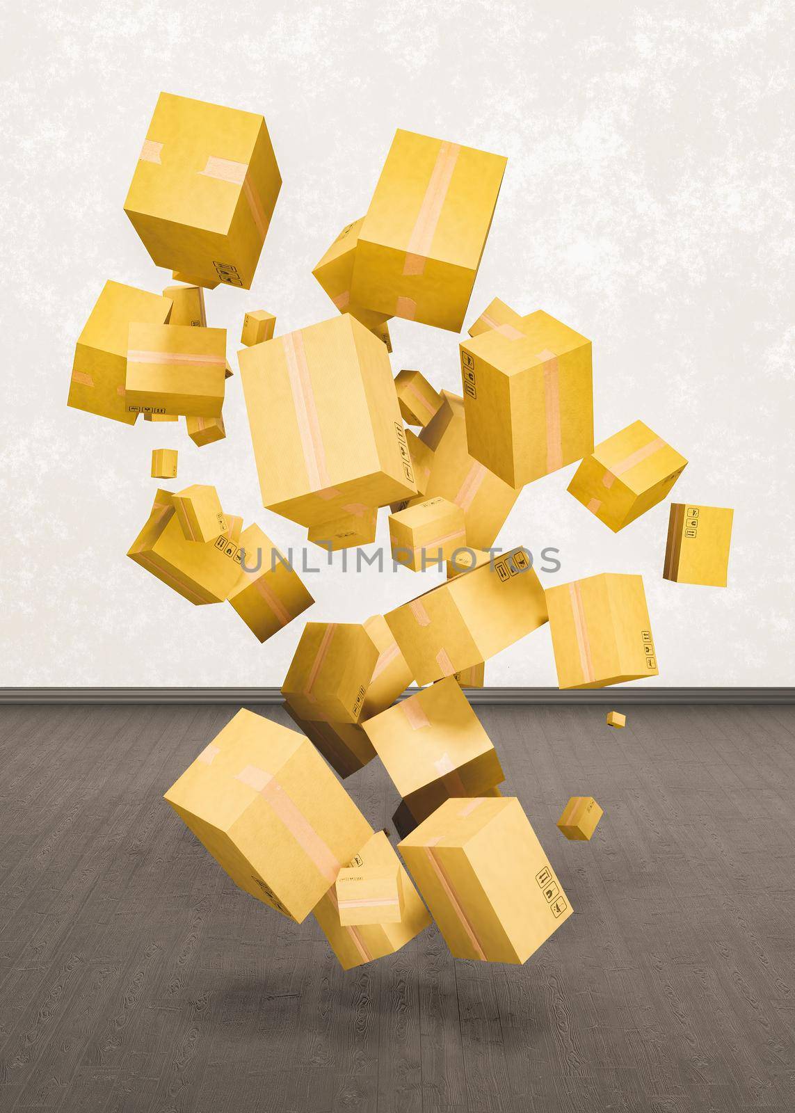 shipping packages floating in an empty room with dark floor. 3d rendering