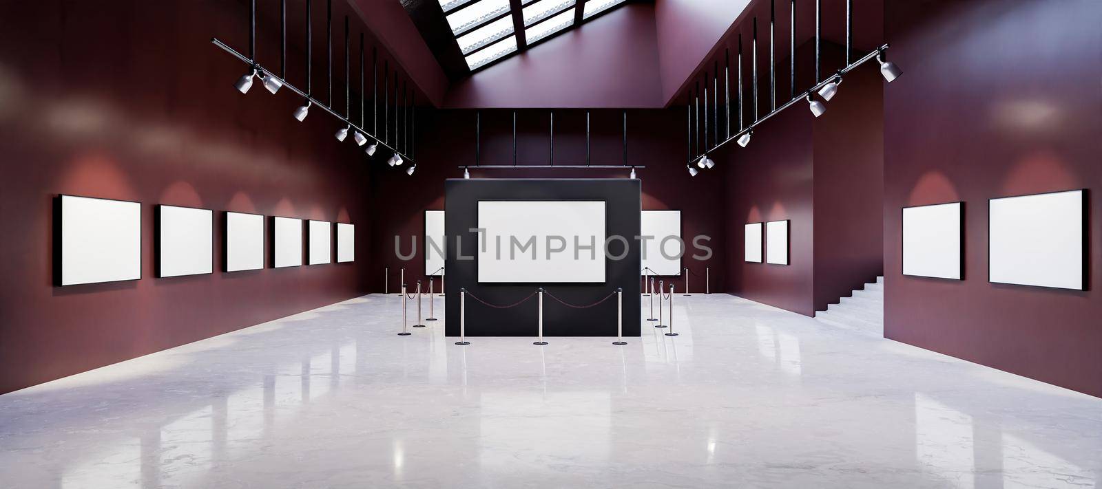 mockup of art gallery museum full of white paintings with spotlights and sunroof. 3d rendering