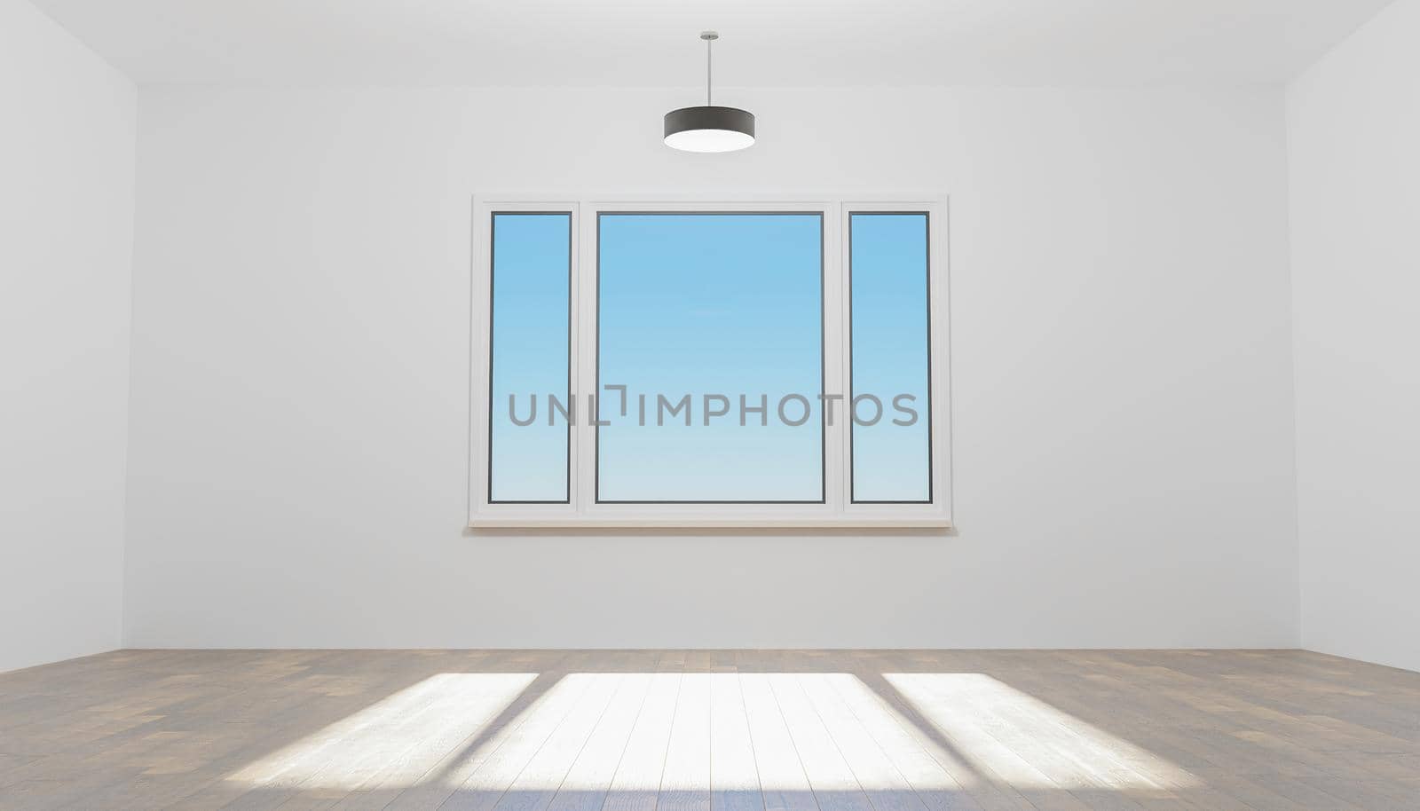 empty house room with white wall and wooden floor. window with blue sky illuminating. 3d rendering
