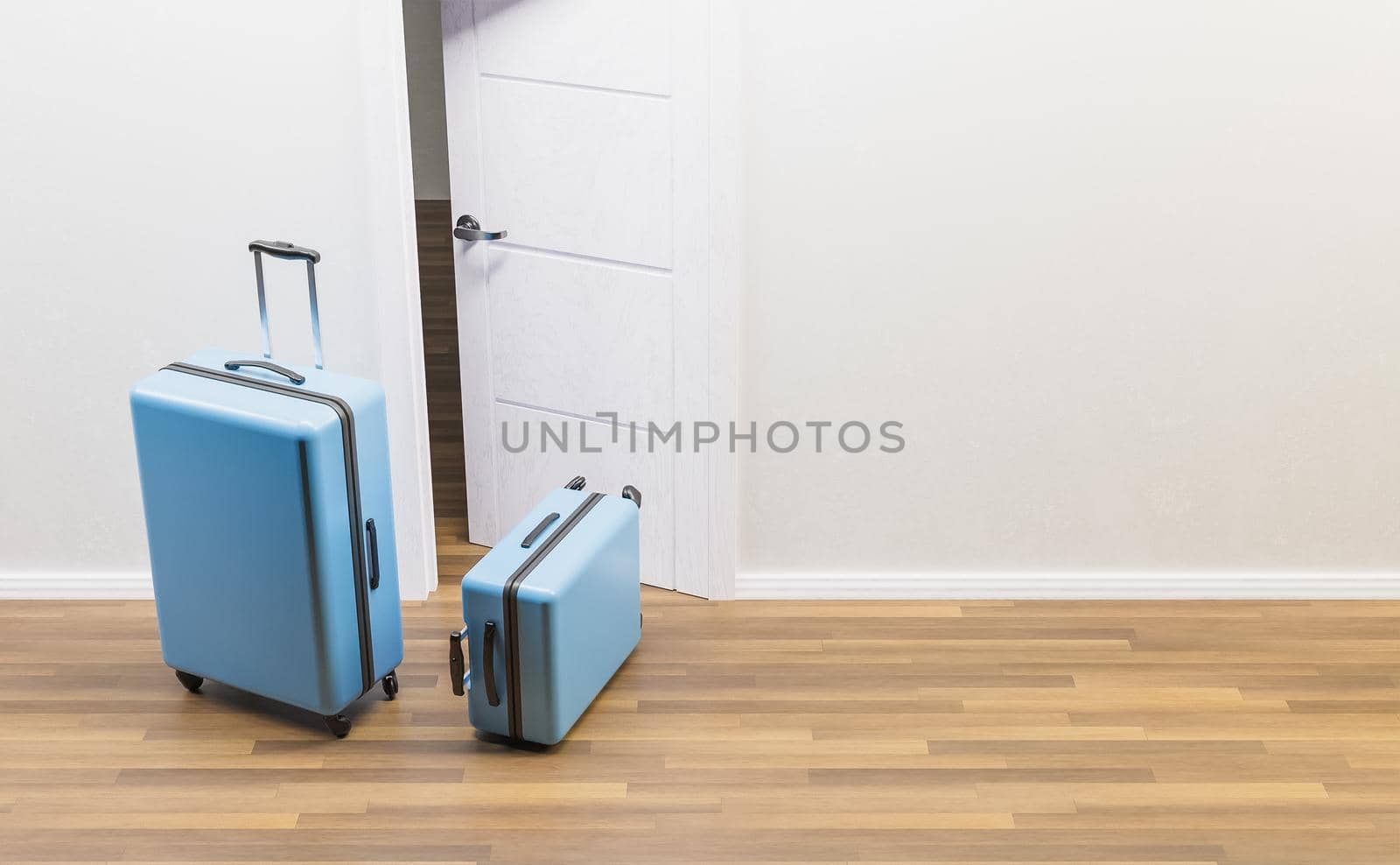 blue suitcases in front of an open door and wooden floor. travel or emancipation concept. 3d rendering