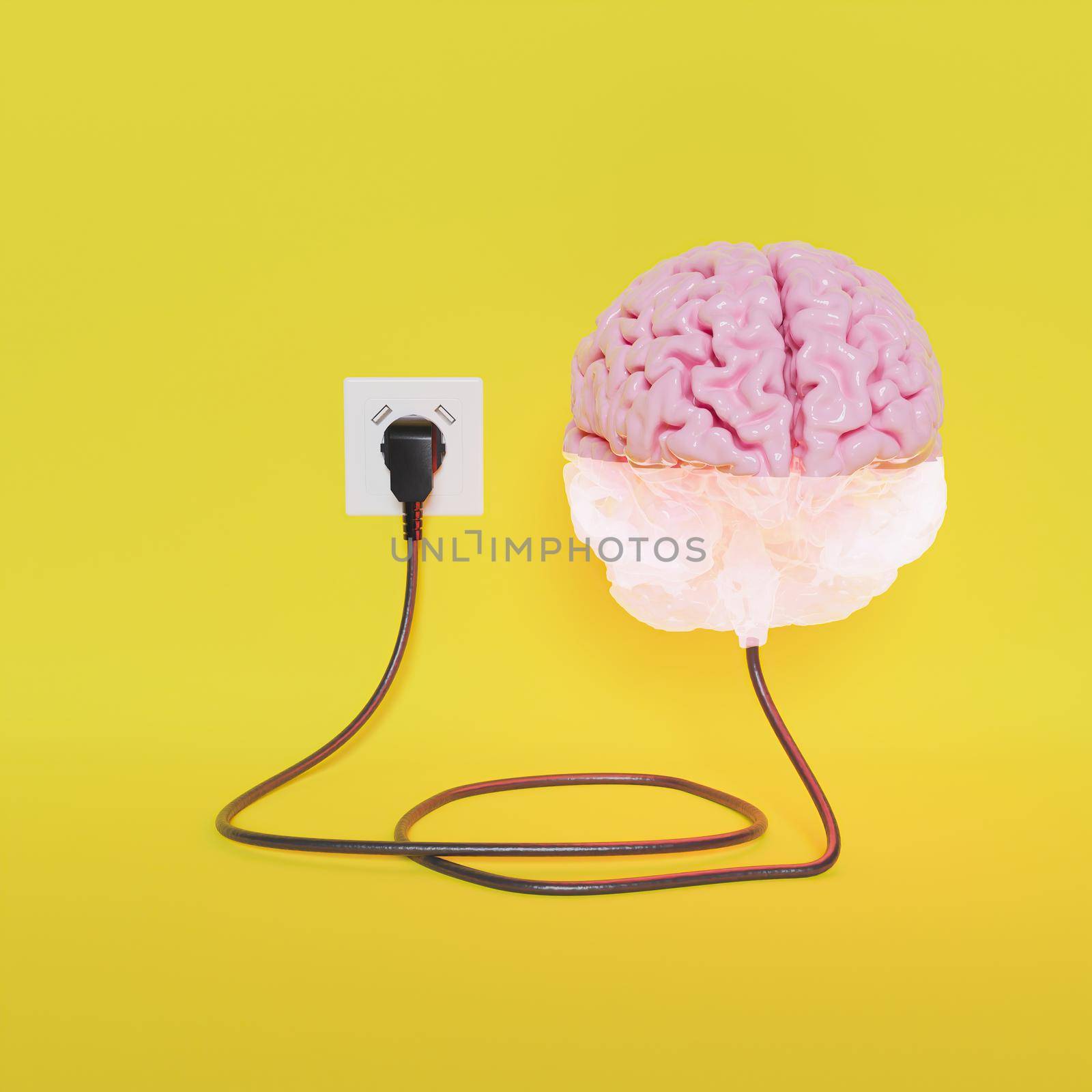brain plugged into power half charging with yellow background . 3d rendering