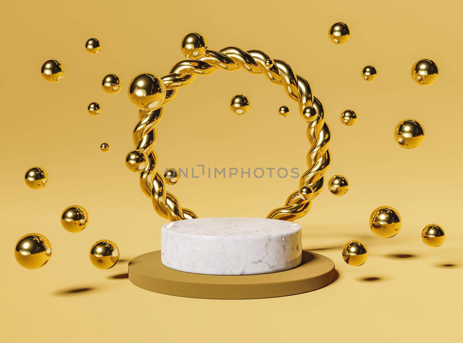 marble podium with golden ring and spheres for product display by asolano