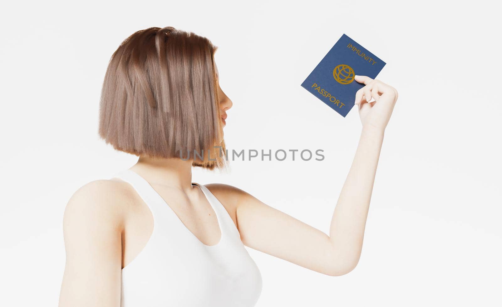 girl in profile holding and happily looking at her coronavirus immunity passport on white background. 3d rendering