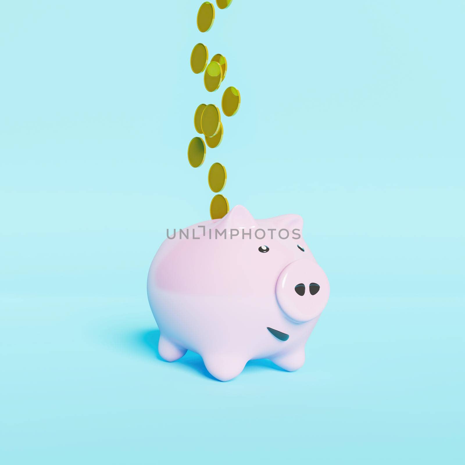 pink piggy bank with happy face with golden coins falling into it.3d rendering