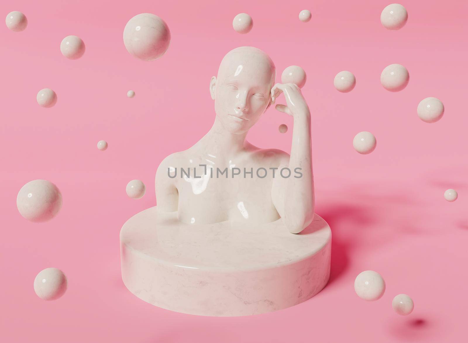 product stand with abstract marble woman sculpture and floating spheres. 3d rendering