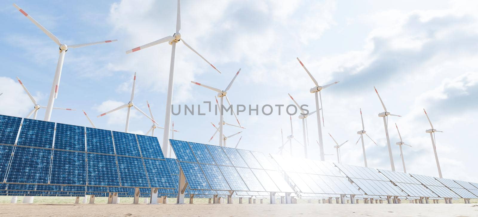 solar and wind farm of solar panels and turbines with cloud sky and sun glint on the panels. 3d rendering