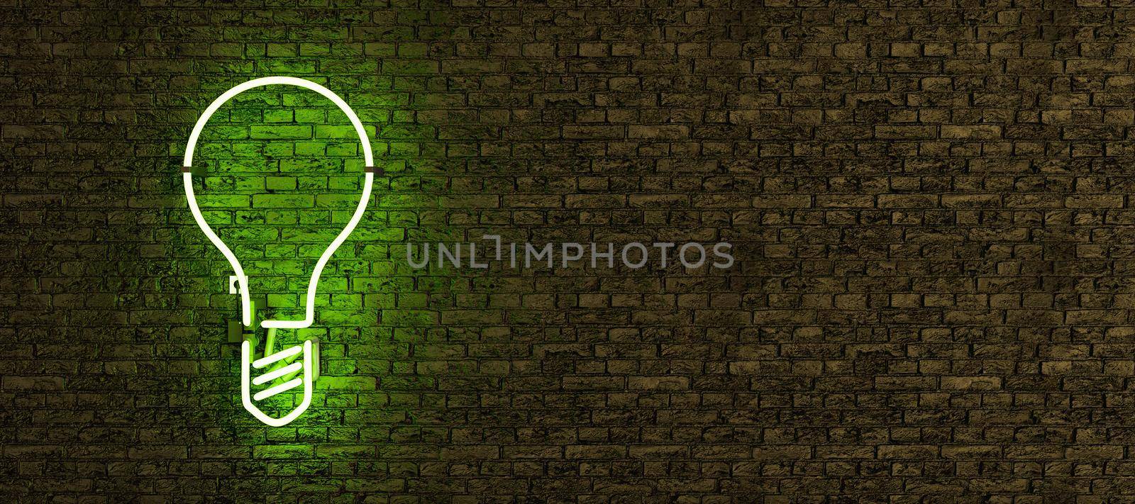 green neon lamp with light bulb symbol on brick wall with copy space. 3d rendering