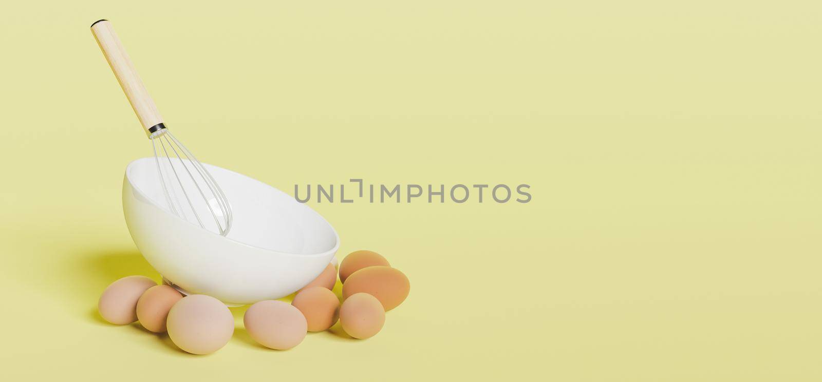 white ceramic bowl with a hand mixer and eggs under it on yellow background. 3d rendering