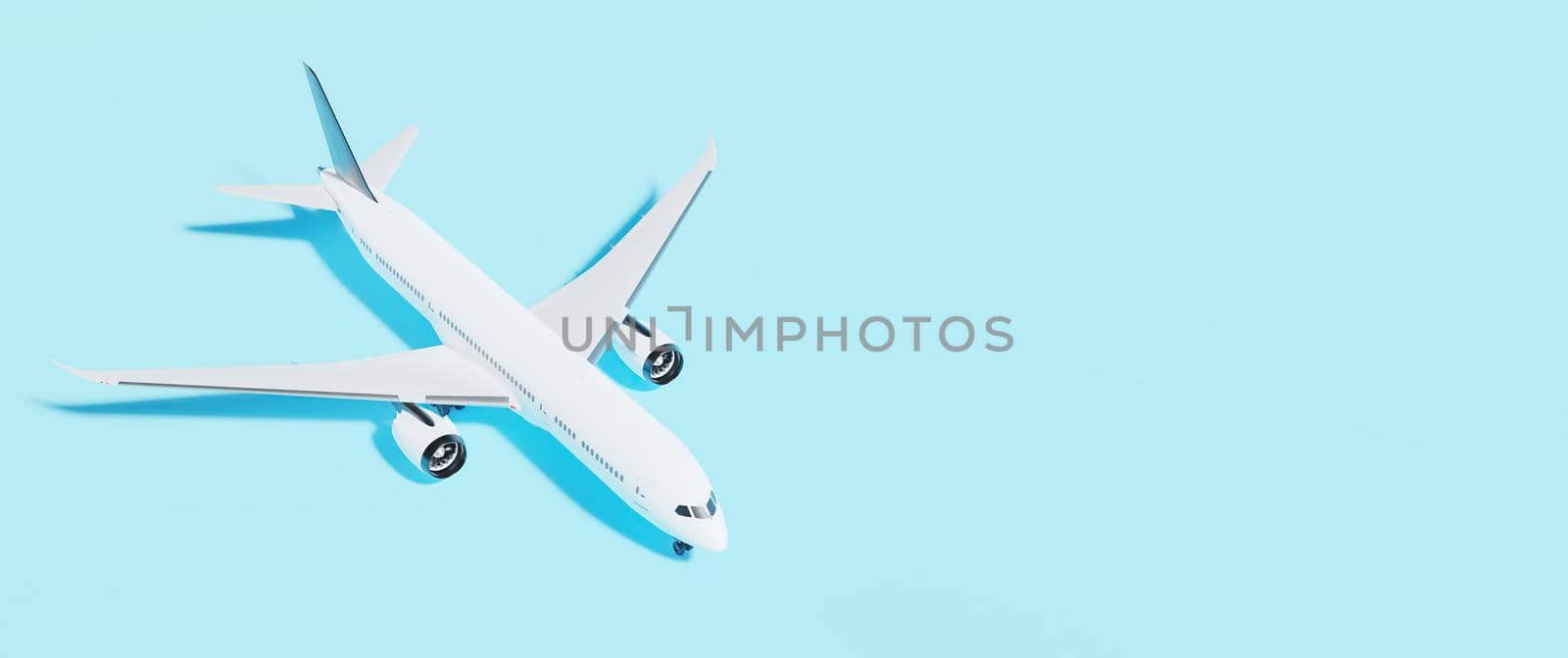 blue background banner with a white airplane. 3d rendering
