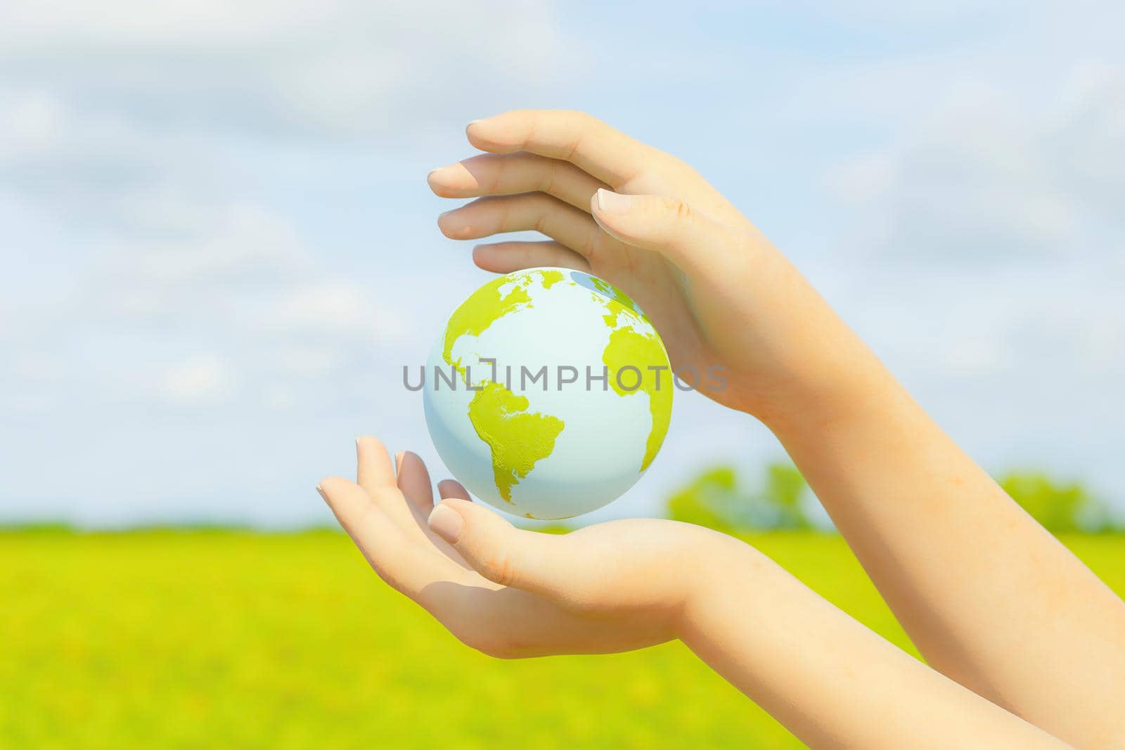 two female hands holding planet earth with blurred background of green field with sky. environment concept. 3d rendering