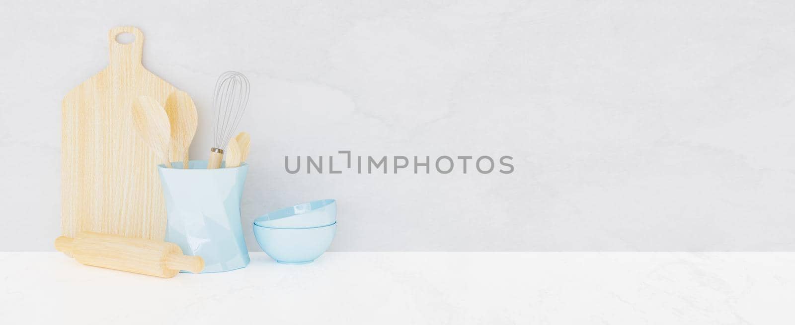 wooden kitchen utensils with pastel blue ceramic bowls on white background. 3d rendering