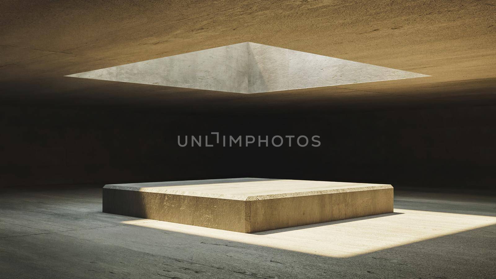 abstract interior with concrete walls and upper window illuminating a podium. 3d rendering