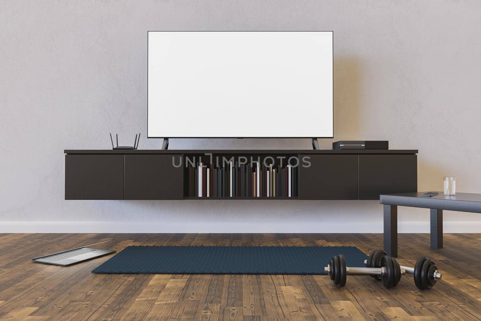 living room with TV mock-up, laptop and mat with dumbbells on the floor. home exercise. 3d rendering