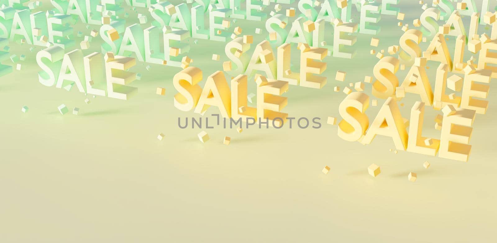 pattern with the words SALE and cubes suspended between the letters with pastel color gradient. 3d rendering