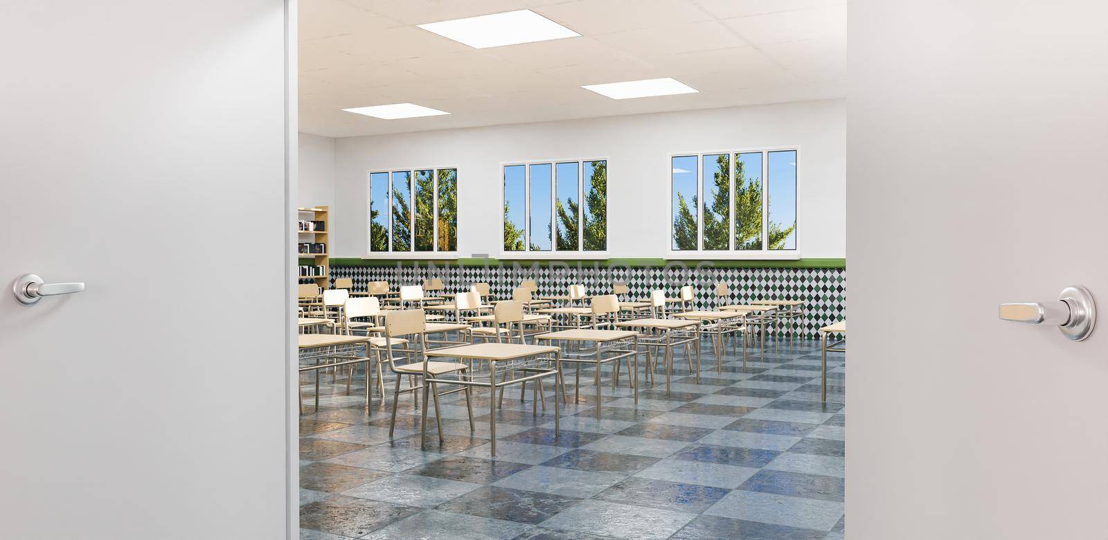 education classroom seen from the entrance door with open windows and pine trees behind them. 3d rendering